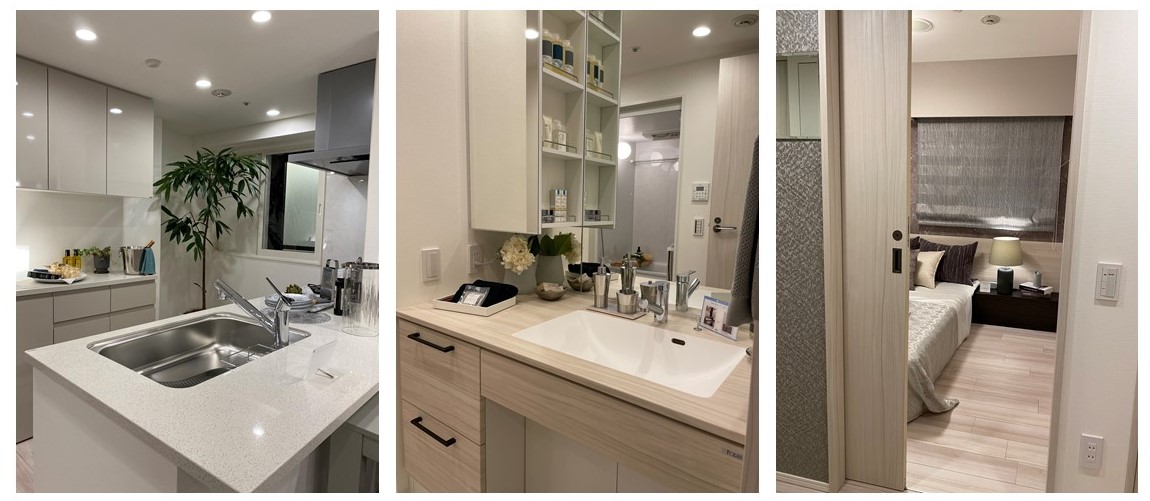 オーベル千葉エアーズのモデルルーム（キッチン、洗面台、洋室）