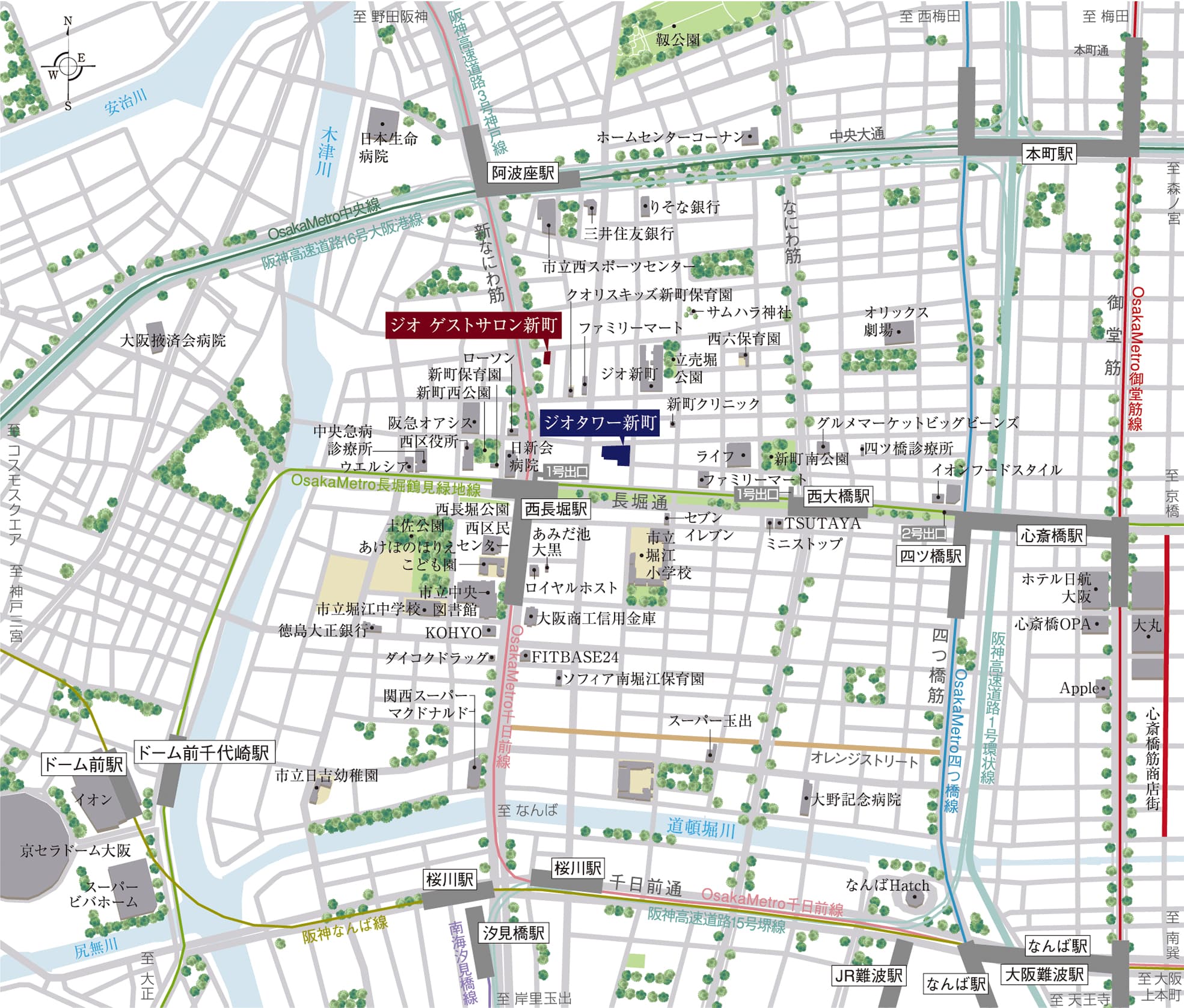 ジオタワー新町の現地案内図