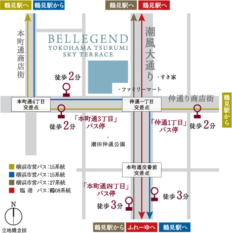 ベルジェンド横濱鶴見SKY TERRACEのバスアクセス概念図