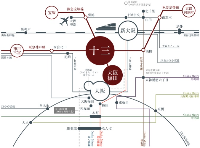 ジオタワー大阪十三の交通アクセス図