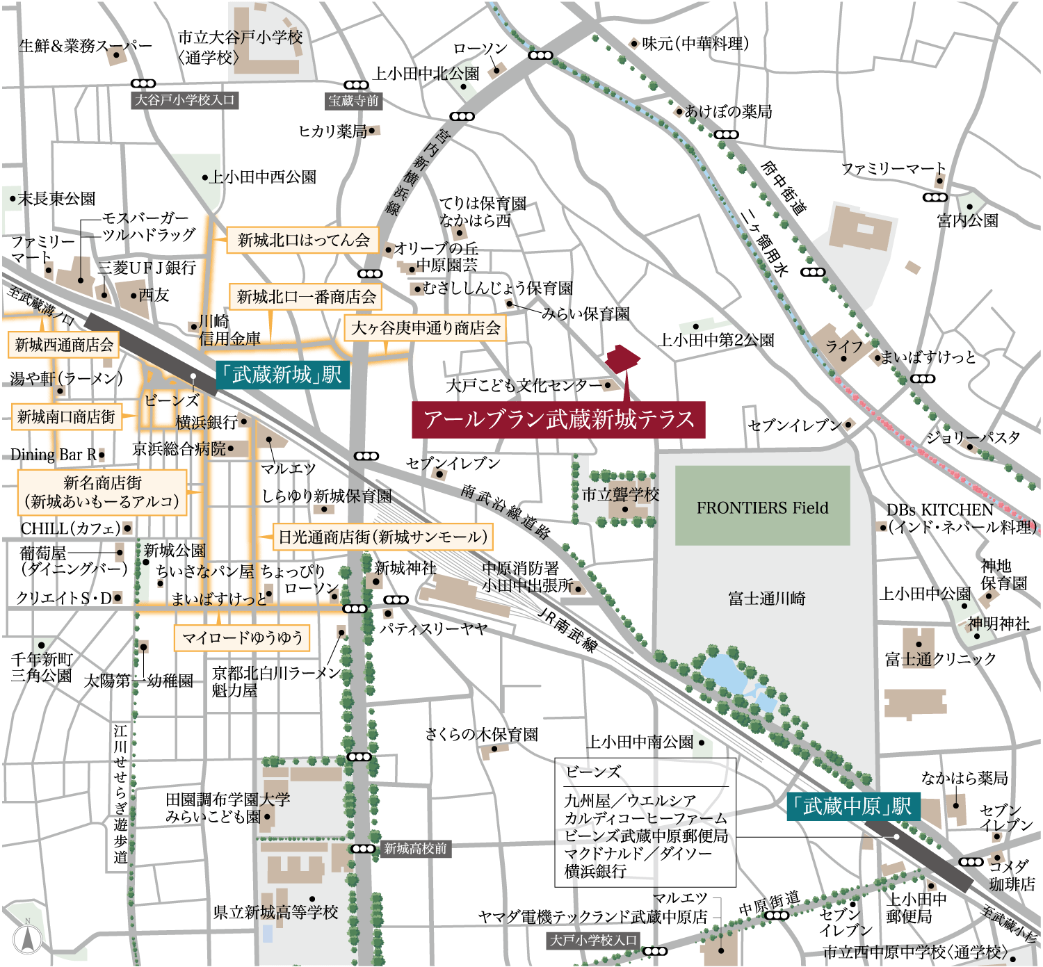 アールブラン武蔵新城テラスの現地案内図